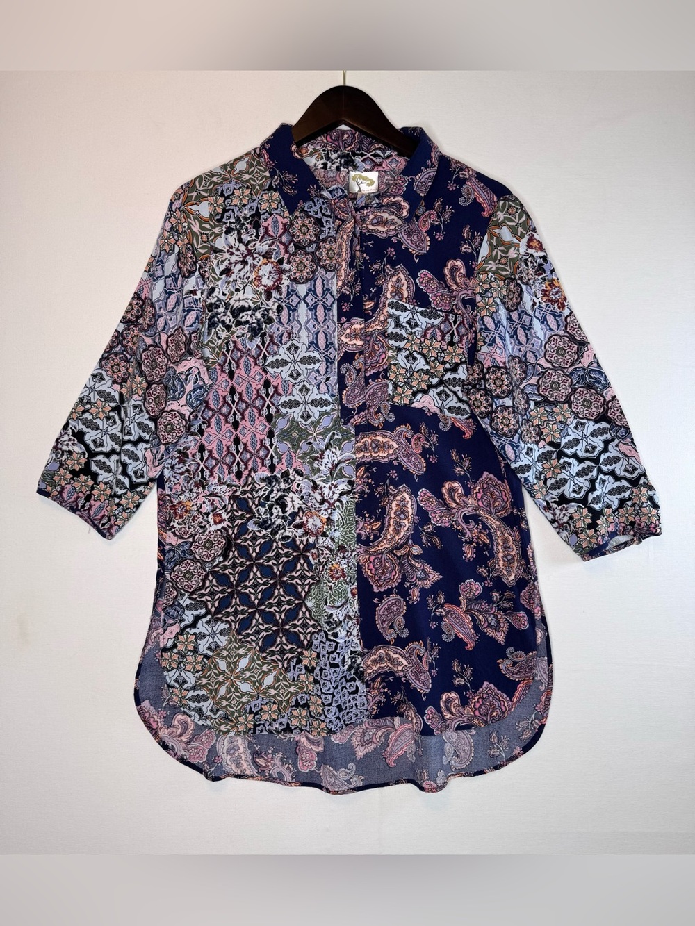 Fig & Flower Floral Tunic Top Sz Lg blue floral paisley mixed media 3/4 sleeve